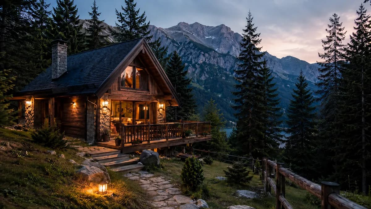 Mountain cabin in a forest at dusk