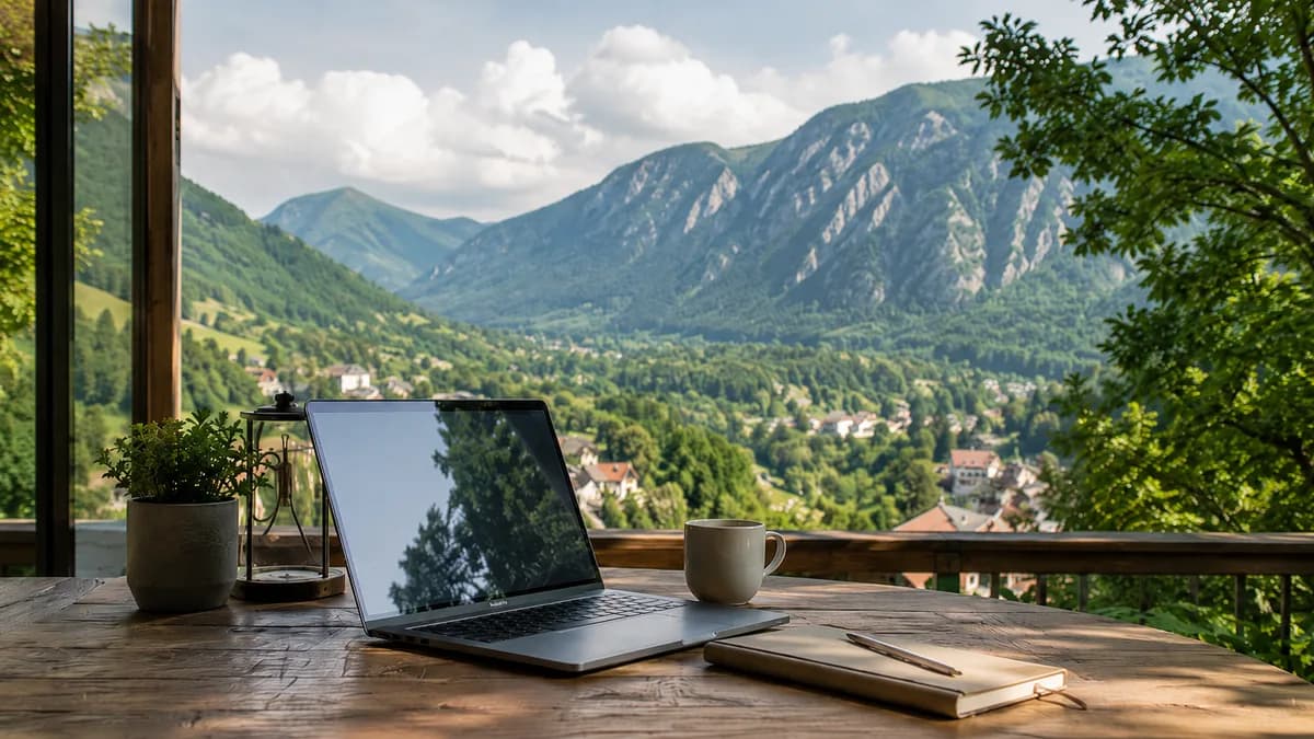 Remote work setup on a balcony with mountain views