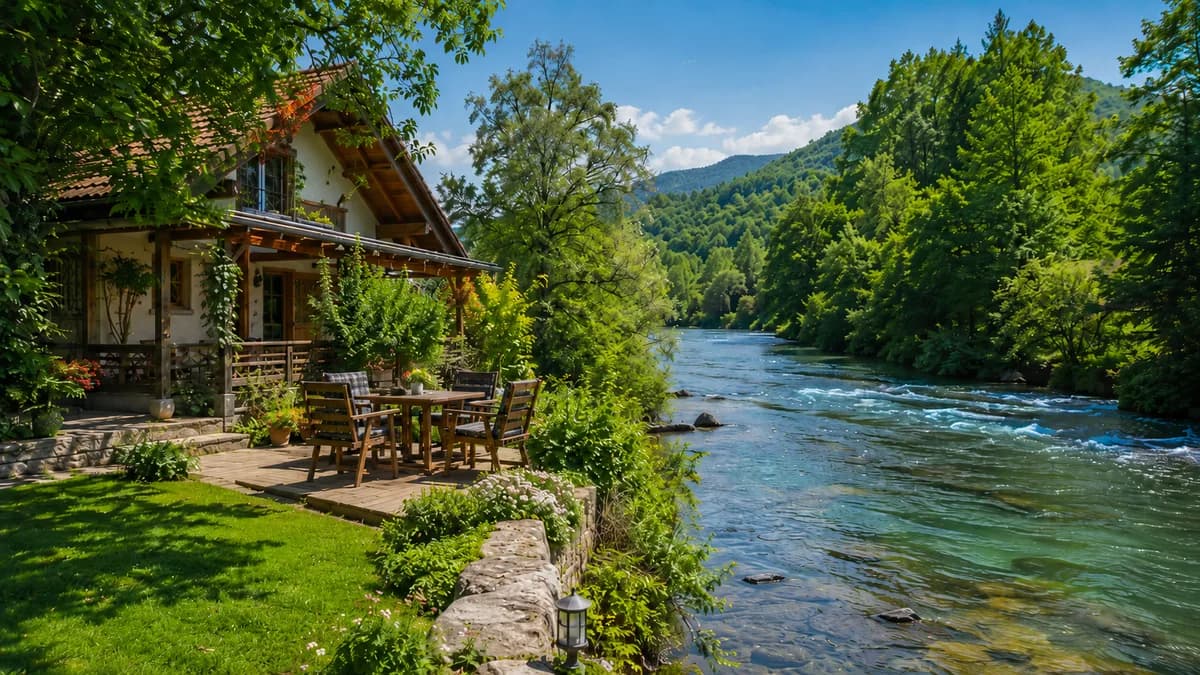 Riverside cabin beside clear water in nature
