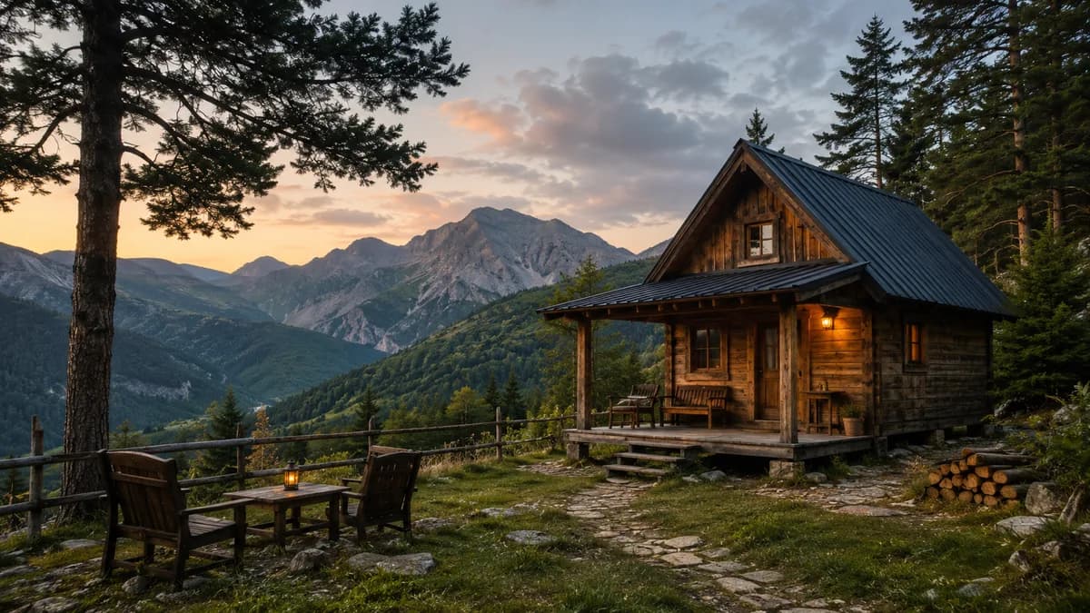 Romantic mountain cabin at sunset